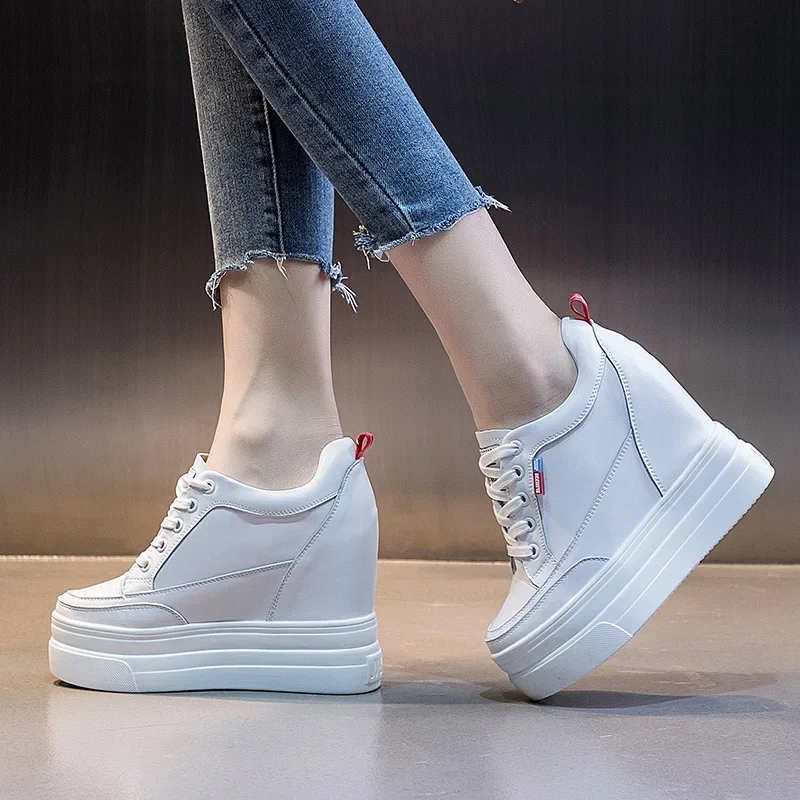 

Pop Genuine Leather Women's Vulcanize Shoes Platform 11CM Casual Sneakers Increased Fashion Comfort Ladies High Heels New