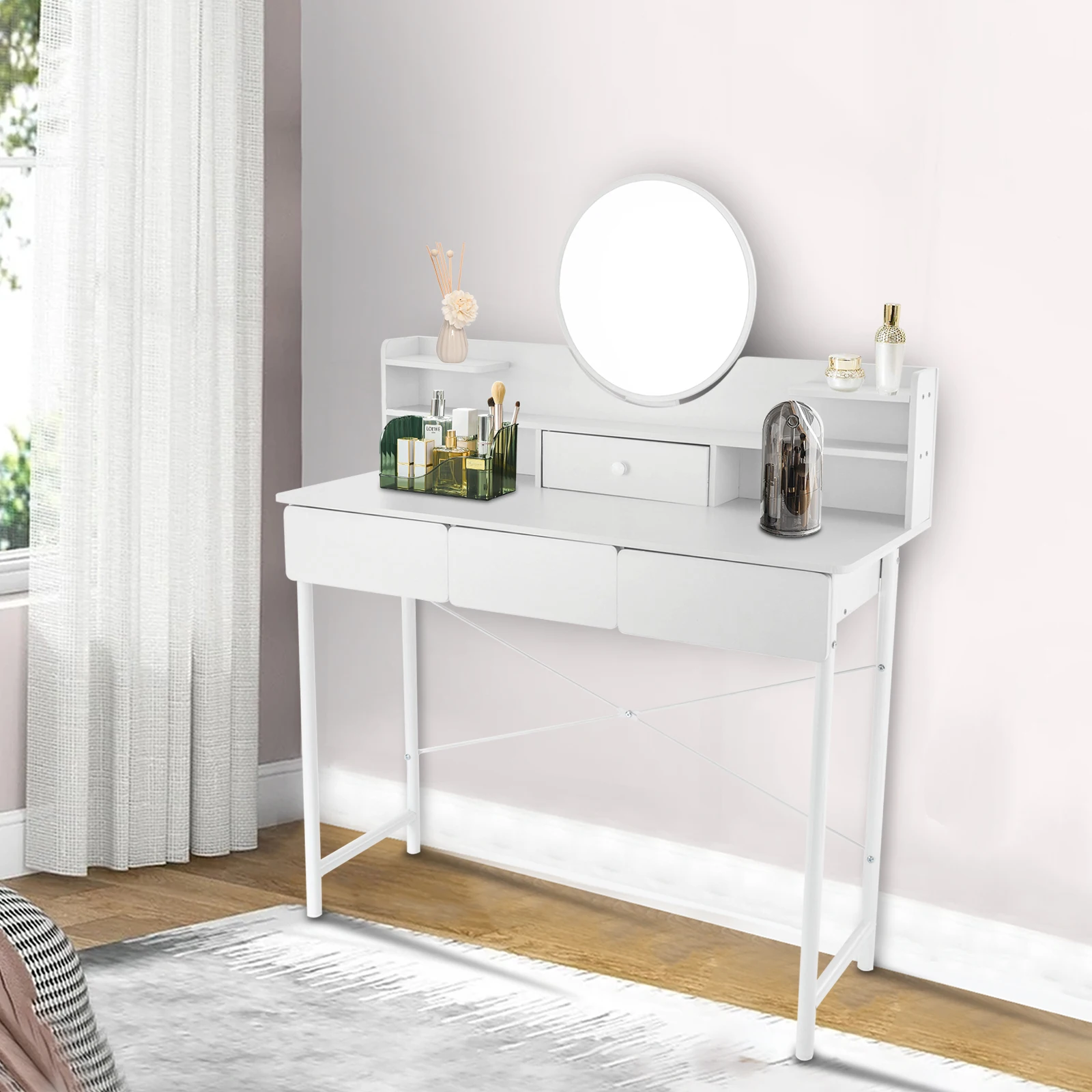 Table de maquillage blanche en élasthanne, bureau avec 3 portes et 1 porte