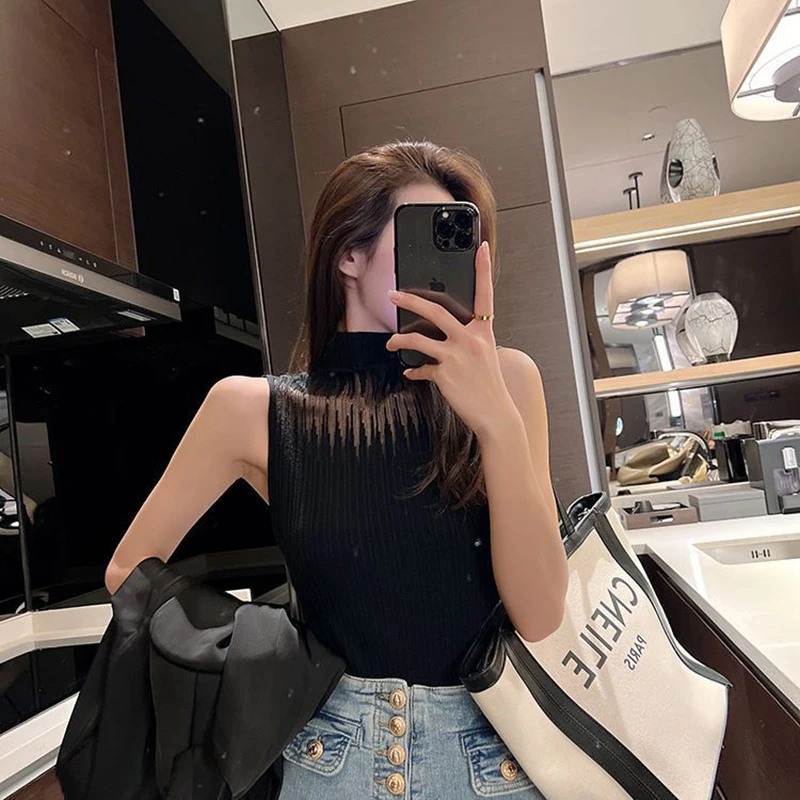 New Women\'s Summer Fashion Thin Knitted Undershirt Sleeveless Pullover Corset Top Half High Neck Comfortable Breathable T-Shirt