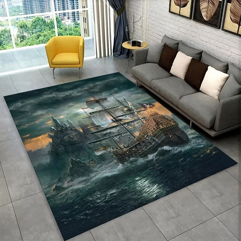 Storm Pirate Ship Boat Barque Large Area Rug Non-slip Durable Carpet for Bedroom Living Room Sofa Doormat Home Decor Floor Mat