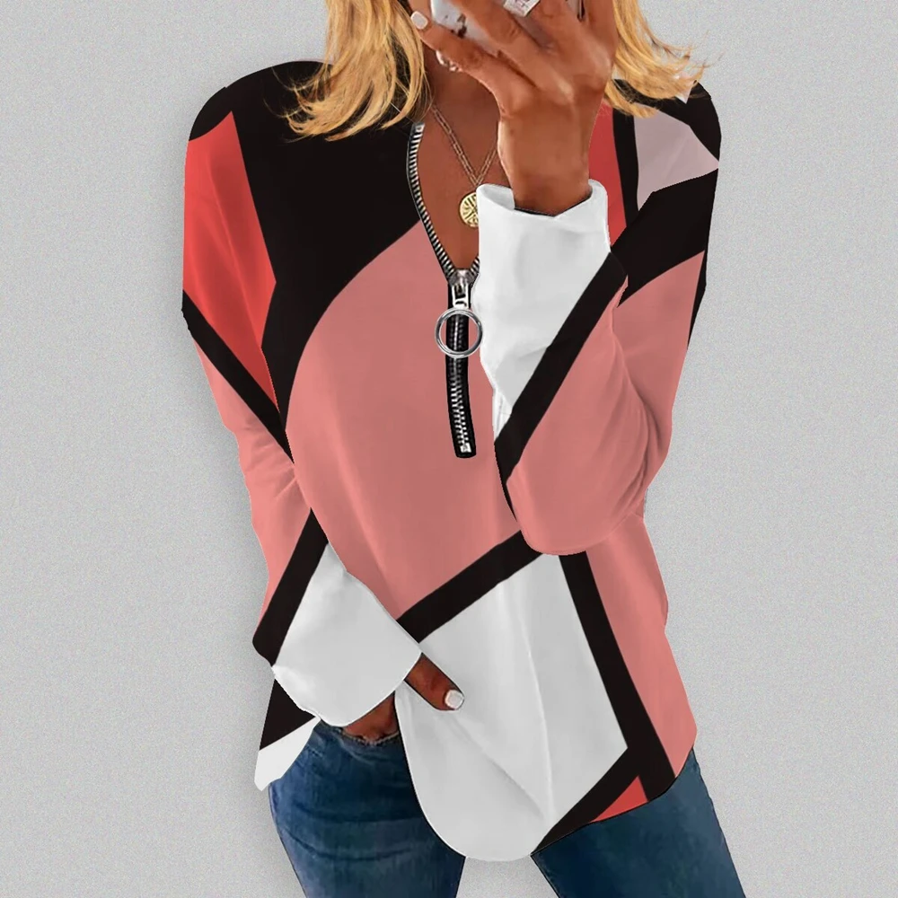 Women's Casual Geometric Print V-Neck Loose Long Sleeve T-Shirts Femme Autumn Zipper Tee Tops Office Lady High Street Clothing