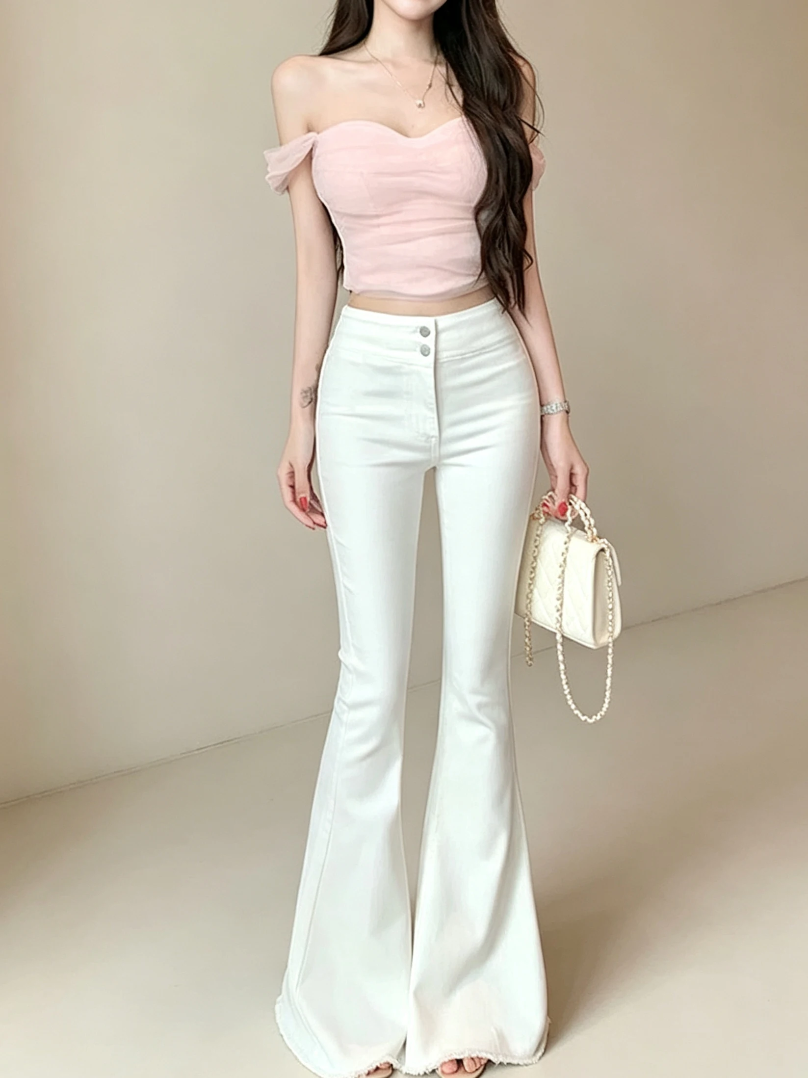 Korean Style High Waist Slimming Stretchy Bell Bottom Denim Jeans Women's Autumn New Fashion Fish Tail Bootcut Casual Trousers