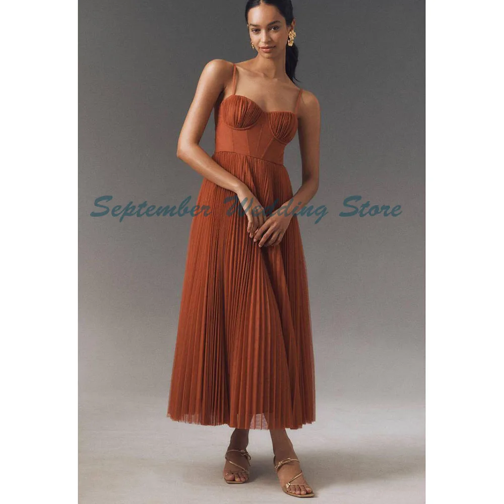 

Brown Evening Dresses Spaghetti Strap Sleeveless A Line High Quality Floor Length Ankle Length Prom Party Female Gowns Pastrol
