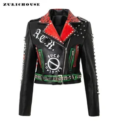 Streetwear Punk Style Studded Faux Leather Jacket Women 2024 New Slim-fit Short Contrast Graffiti Print Motorcycle Jacket XXXL