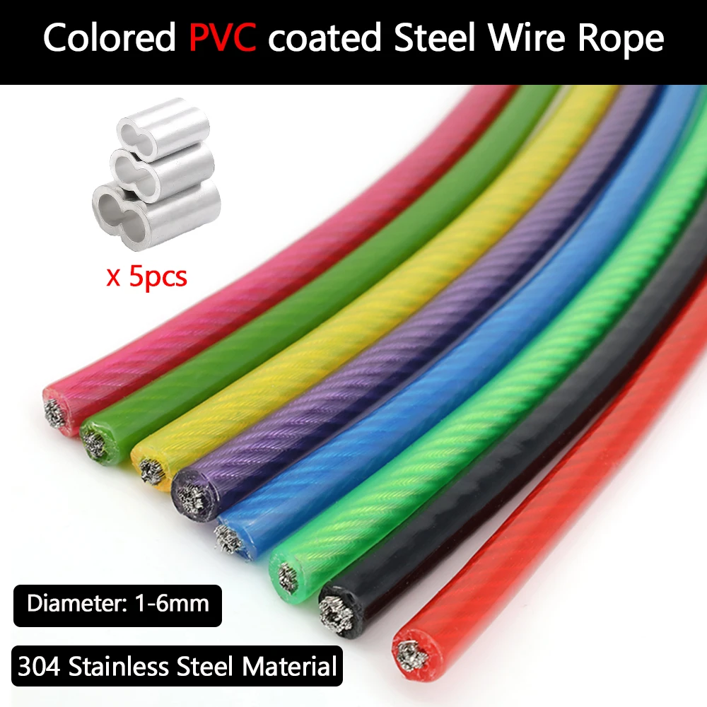 Cable recubierto de PVC de acero inoxidable 304, 5M-10M, diámetro 1/2/3/4/5/6mm, cuerda de alambre de acero verde/rojo/negro/amarillo/azul/transparente