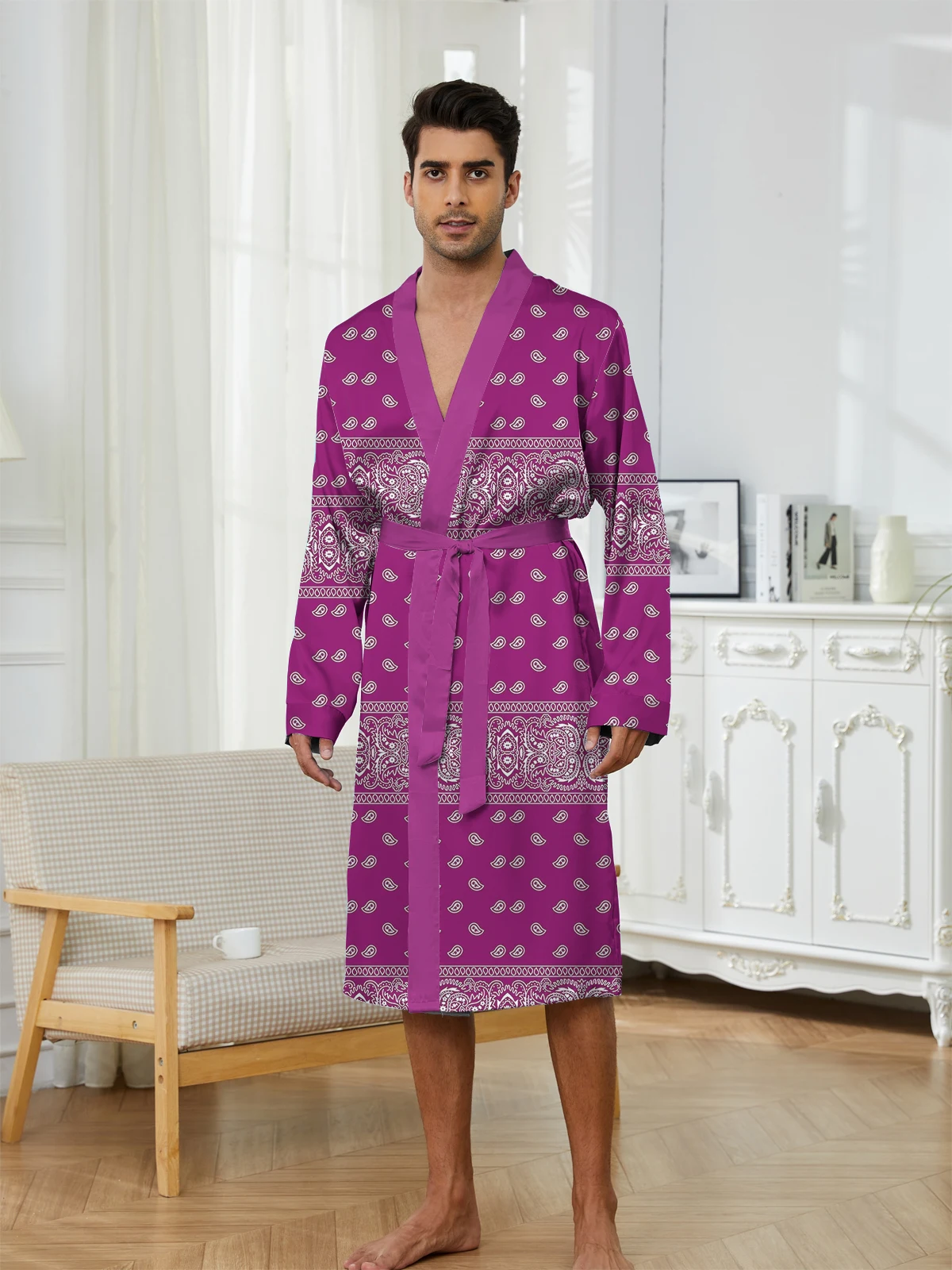 

Men's Long-Sleeve Long Robe, Full-Body Printed Casual Home Bathrobe, Skin-Friendly Sleepwear