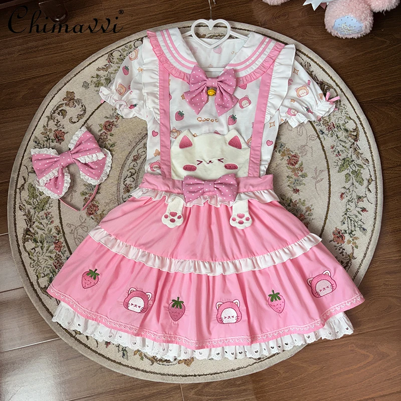 Original Sweet Girl Cute Lolita Strap Skirt SK Suit 2025 Summer New Kawaii Printed T-shirt + Strap Skirt Y2k Student Outfits