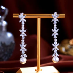 CWWZircons Shiny White CZ Paved Silver Color Long Dangle Drop Pearl Flower Leaf Cubic Zirconia Earrings for Women Wedding CZ478