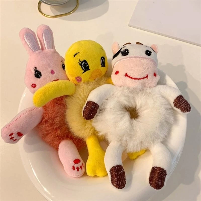 39BD 5 Pieces/set Cartoon Animal Plush Hair Bands Hair Ties for Trendy Students and Girls Soft and Colorful Hair Scrunchies