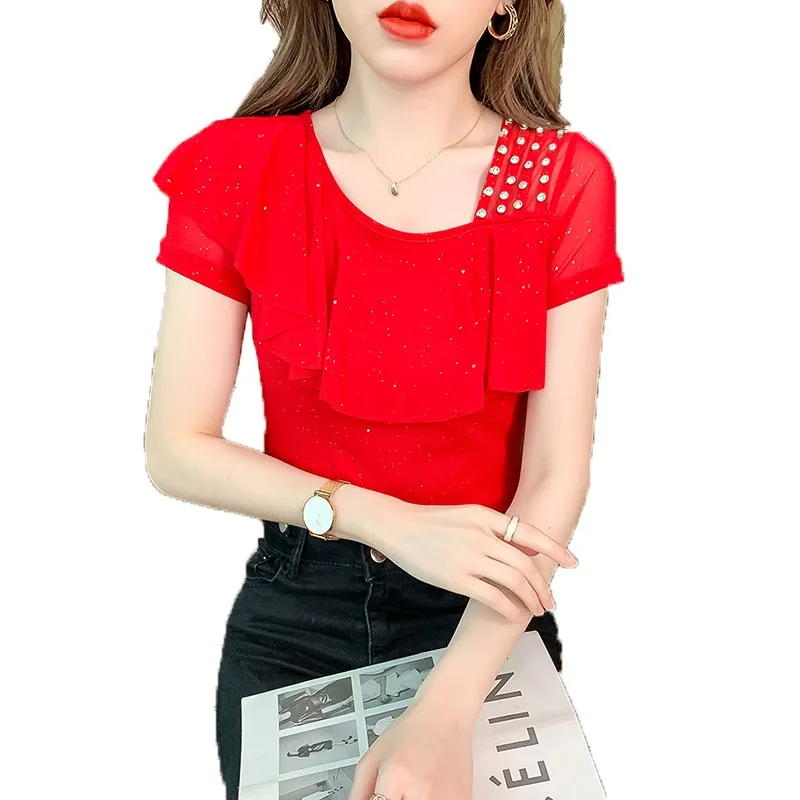 Sexy Short Sleeve T-Shirt Women\'s Summer Fashion Half Sleeve Design Sensual Lace  Net Shirt Korean Style Commute Style