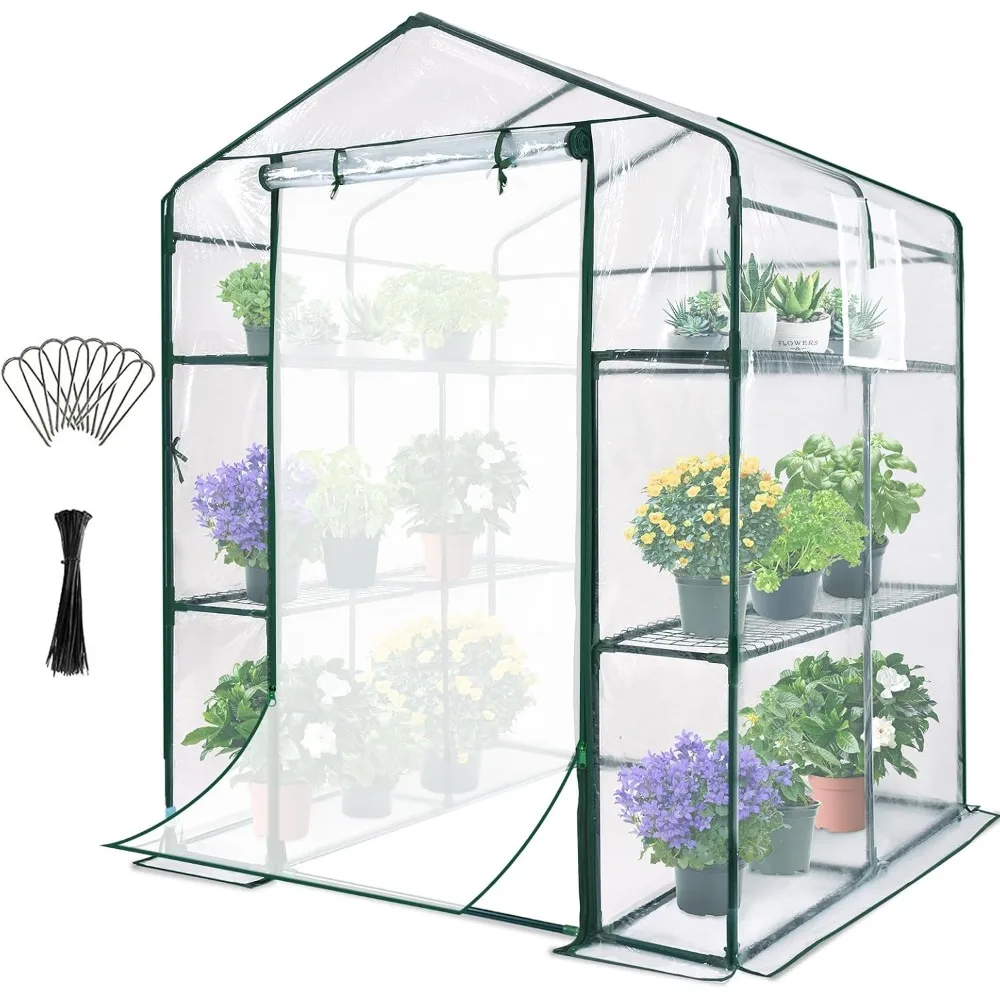 

Mini Walk-in Portable Flower Garden Plant Kit, Heavy Duty 3 Tiers 8 Shelves, Steel Frame, Durable Cover with Screen Door Window