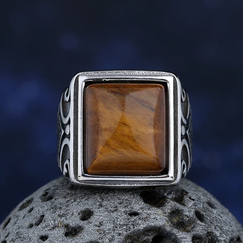 Middle East 2024 New Stainless Steel Tiger Eye Stone Ring With Pattern Anels For Man Women Fashion Couple Jewelry