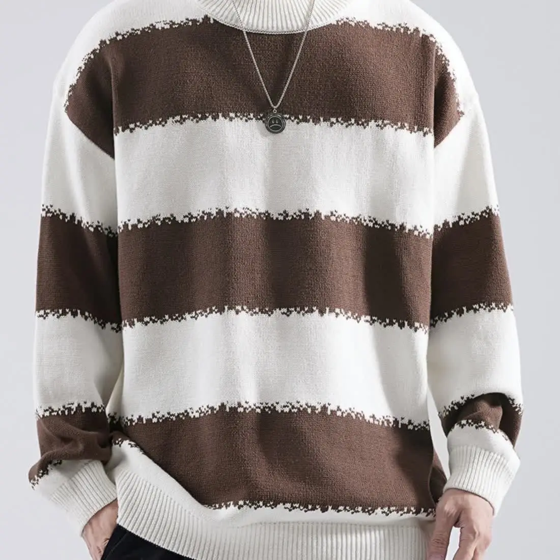 

Мужской зимний повседневный свитер в стиле ретро, свободного кроя, в полоску, с круглым вырезом, вязаный, из полиэстера, комфортный