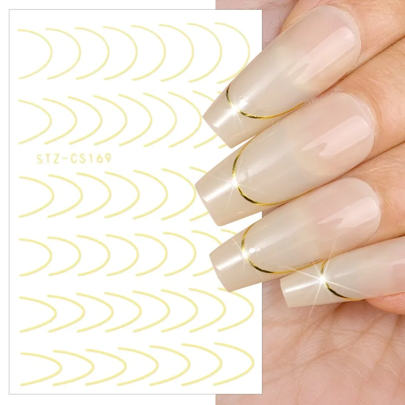 3D French Tips Nail Art Stickers Gold Rose Sliver Curve Stripe Lines Tape Swirl Adhesive Gel Nail Art Decals Manicure Decoration