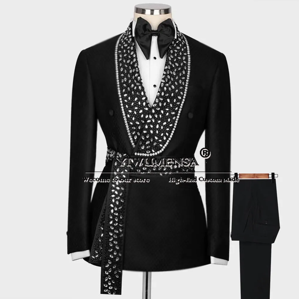 Royal Jewelry Diamond Suits Double Breasted Jacket Pants 2 Pieces Groom Wear Wedding Tuxedo Tailor-made Banquet Business Clothes