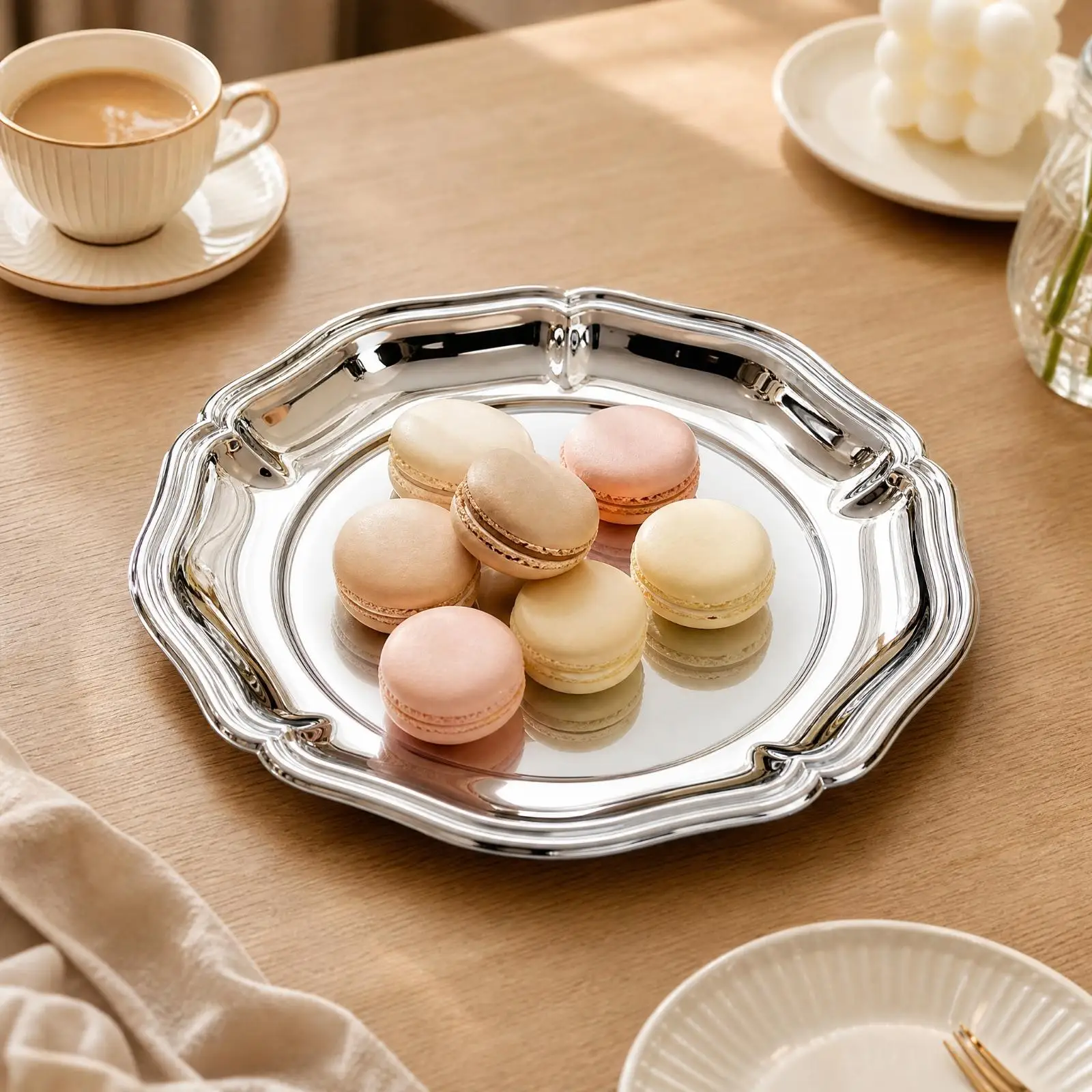 Premium 304 Steel Serving Dish for Steak Fruits and Ceramic Dinnerware Pairing on Dining Tables