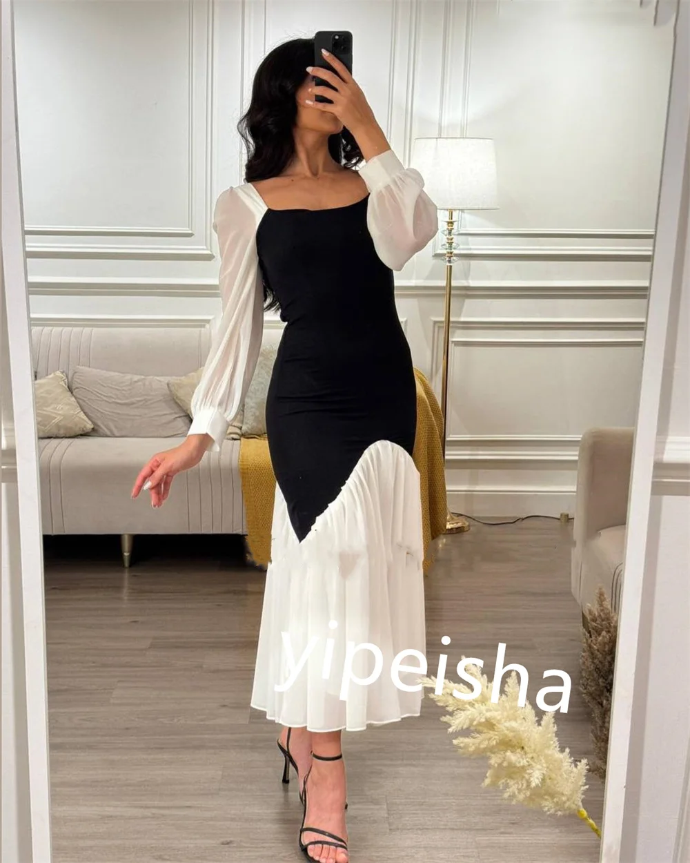 Customized Unisex Jersey Pleat  A-line Square Neck Midi Dresses Evening Dresses Exquisite Simple Intricate Casual Fashion 