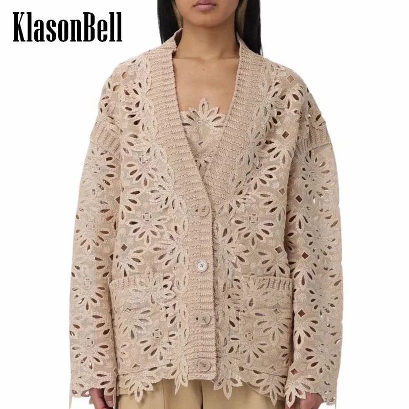 

9,25 KlasonBell роскошный классический вышитый вырез цветочный вязаный кардиган V-образный вырез двойной карман свободный хлопок вязаное пальто для женщин