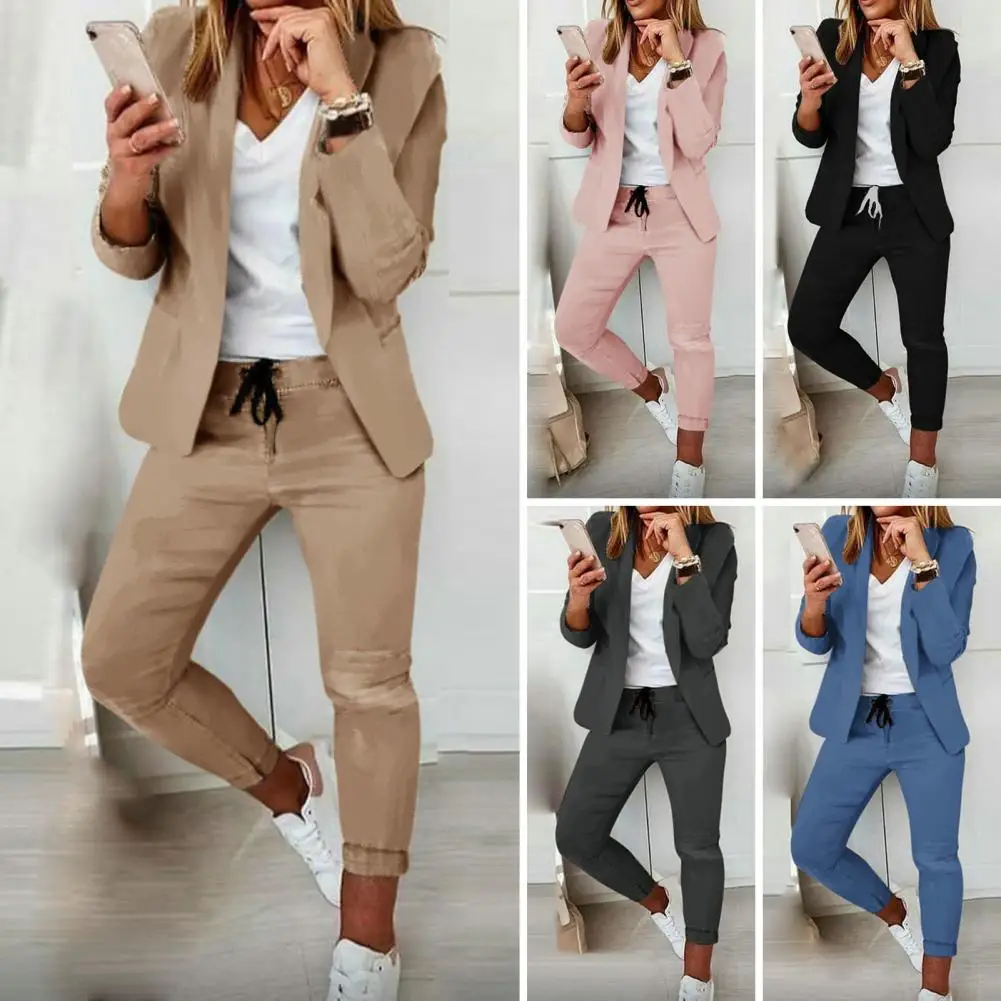 Conjunto de ropa de trabajo para mujer, traje de negocios elegante,  conjunto de pantalones ajustados de manga larga con cintura con cordón,  diseño de solapa elegante / Chaquetas y Trajes, image size:1001x1001