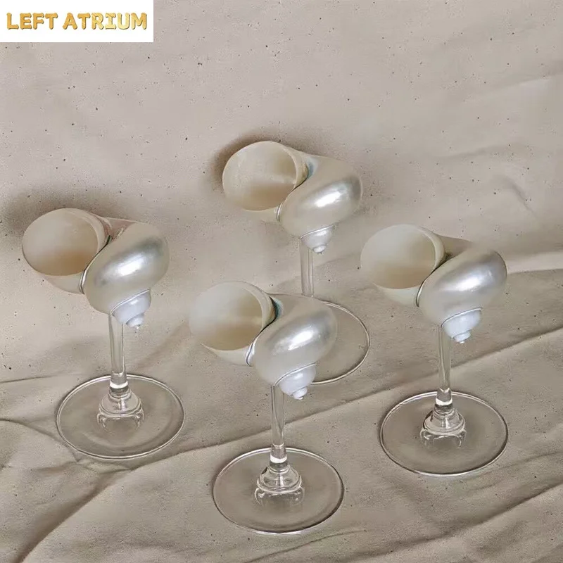 4Pcs Natural Conch Shell Wine Goblet, Gold Stemmed Champagne Flute, Unique Sea Snail Cocktail Glass,  Art Centerpiece Home Bar