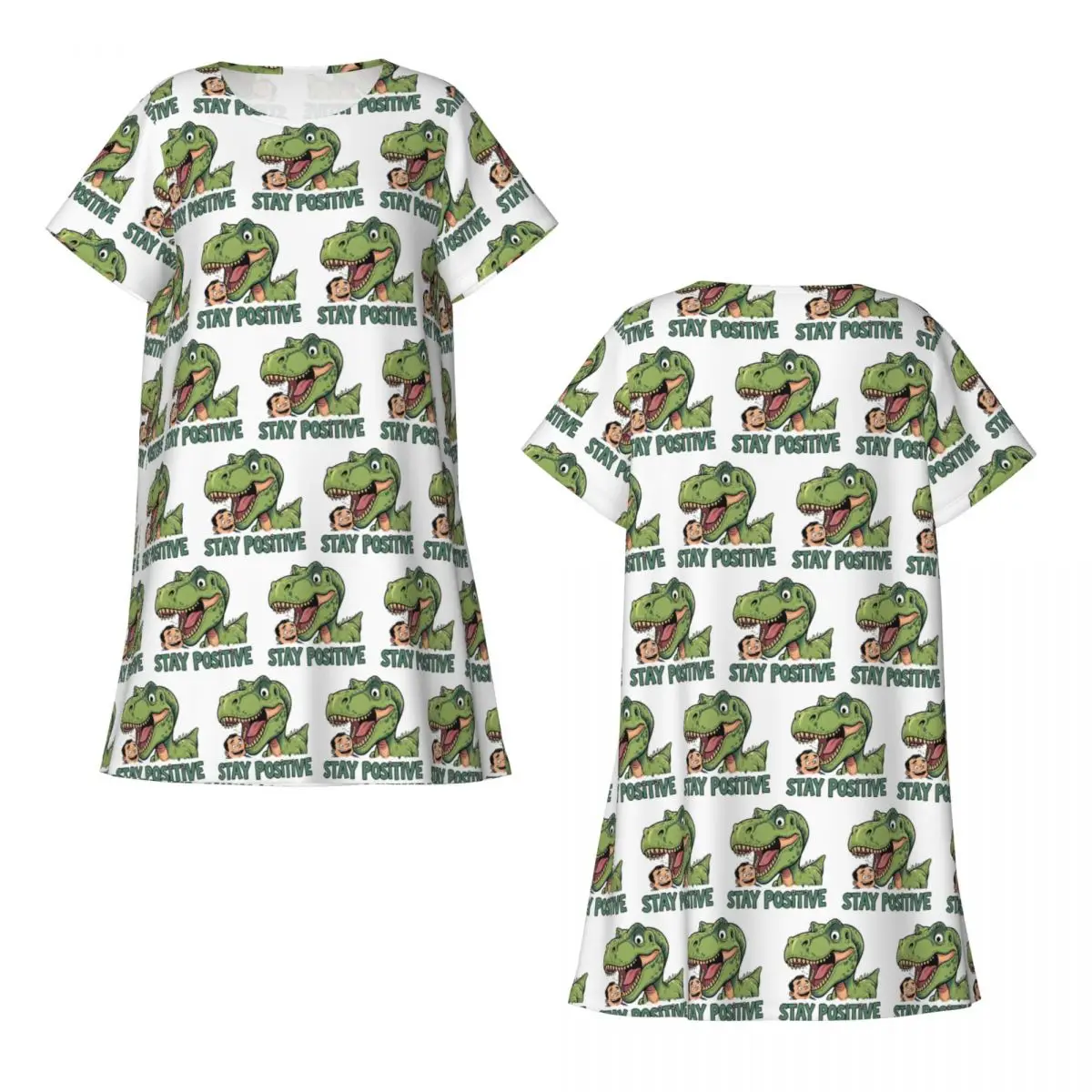 Stay Positive Funny T-Rex Dinosaur Sticker Short Sleeves NightdressSleeping Sleepshirts Women  Nightgowns Loose Pajama Dress