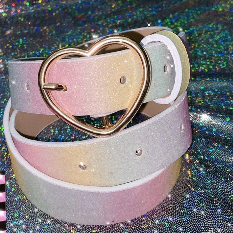 

50JB Adult Full Sequins Belt for Dress Adjustable Heart Buckle Waist Belt Rainbow Color PU Waist Belt Ladies Skirt Belt