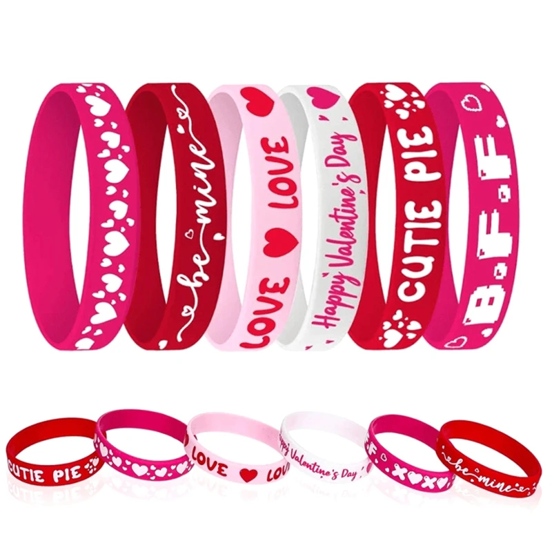 24Pcs Valentine's Day Favors Silicone Bracelets Pink Red Love Heart Wrist Bands For Kids Adults Gift(6 Designs)