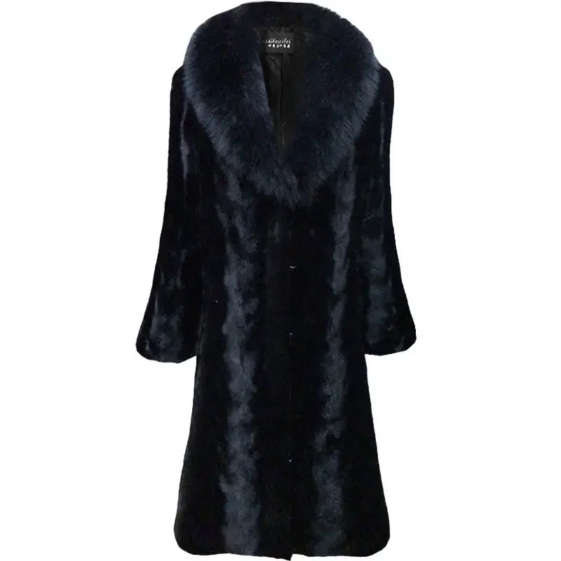 Women\'s Winter Mink Fur Coat Warm Black with Mink Fur Mid-length Fox Fur Collar Coat Plus Size Plus Size Thick and Elegant