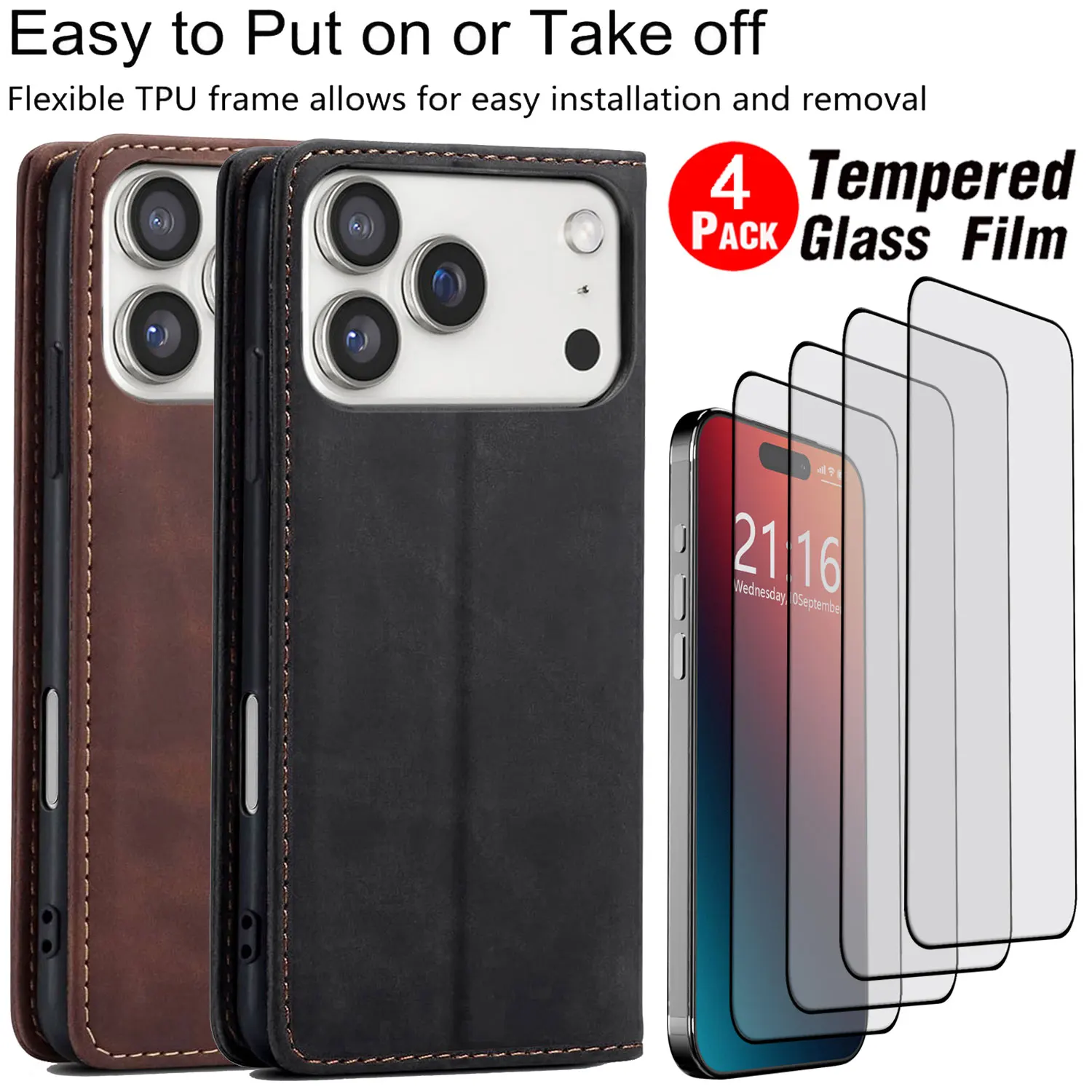 

Чехол-кошелек из искусственной кожи для iPhone 17/17 Pro/17 Pro Max/17 Air, откидная крышка + 4 шт., прозрачное закаленное стекло, защитная пленка для экрана