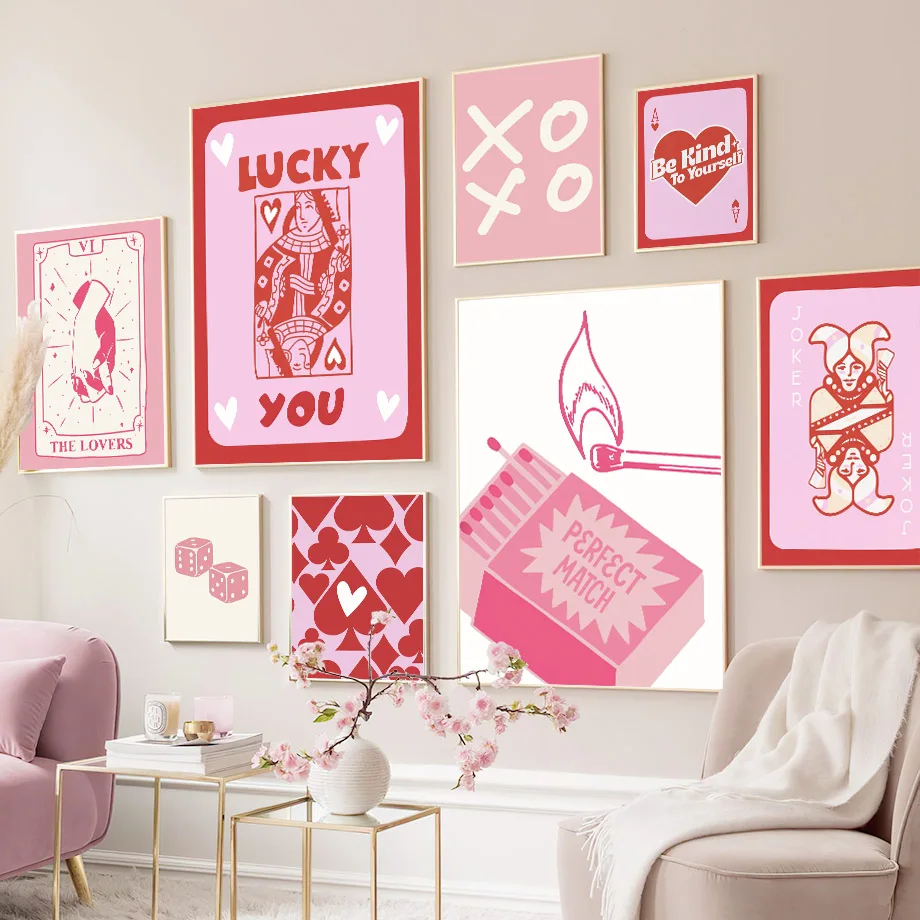 Póster de decoración para sala de estar, arte Pop con dados de corazón de Reina de la suerte rosa, cuadro sobre lienzo para pared, imagen de pared para el hogar