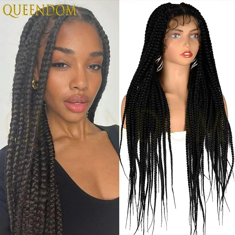 

Синтетический Jumbo полный парик шнурка для чернокожих женщин без узлов коробчатая коса африканский искусственный локоны парик фронта шнурка косички