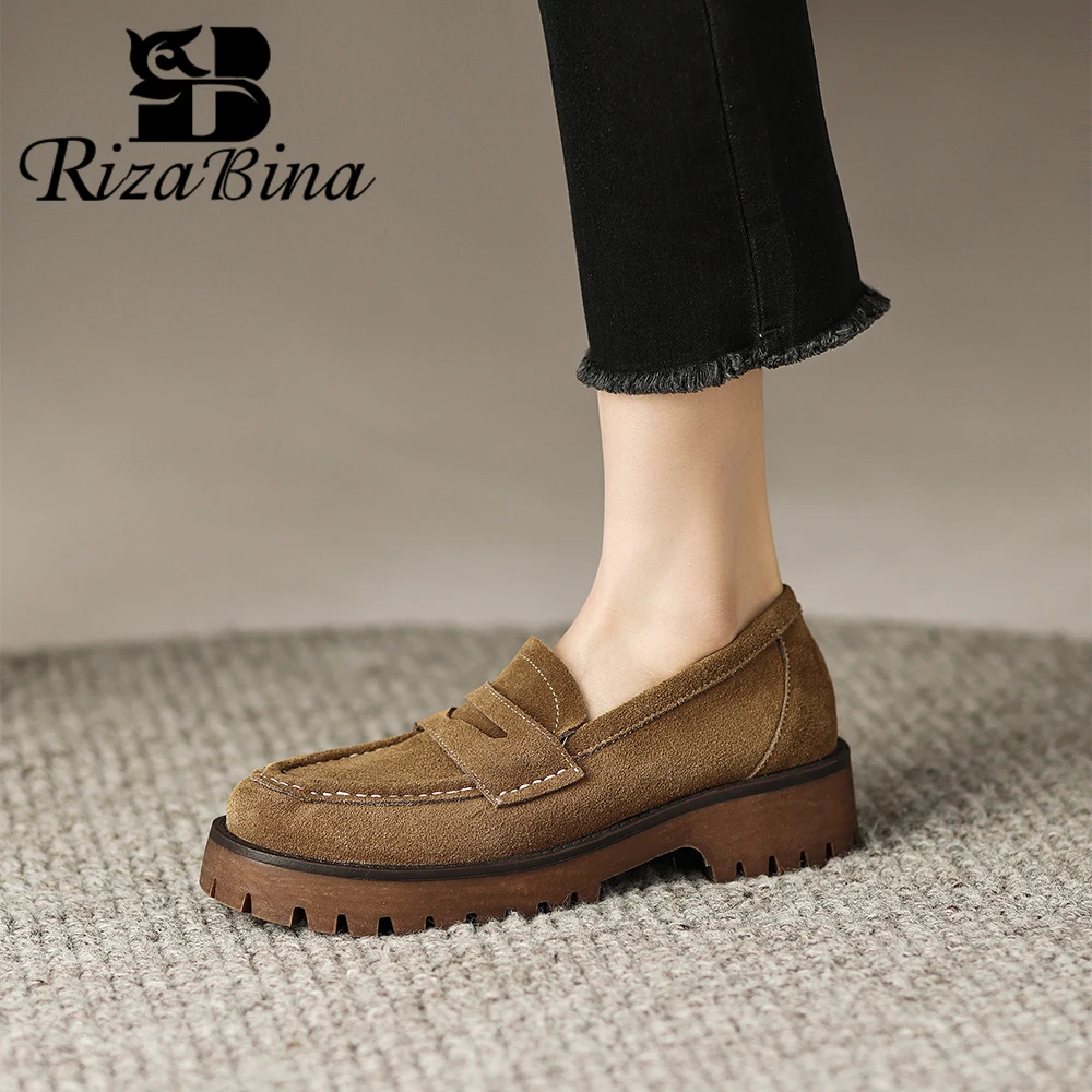 

RIZABINA Platform Loafers For Women Cow Suede Fashion Pointed Toe Slip On Designer Penny Loafers Spring Ladies Daily Flats Shoes