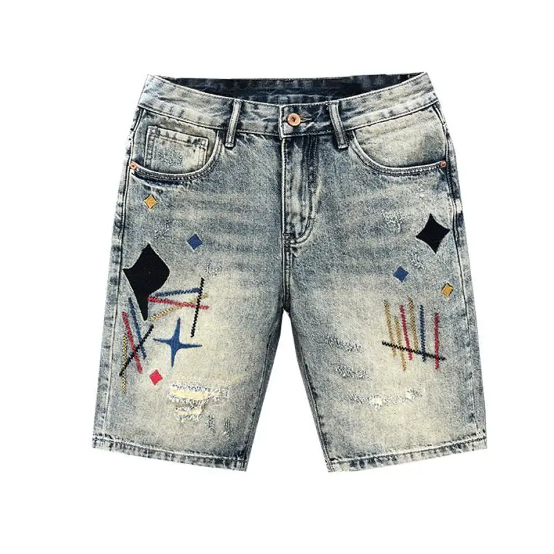 ルーズメンズショートジーンズパンツストレートリッピング男性バミューダデニムショーツ伸縮性ジッパー夏カットストリートデザイナー Xl
