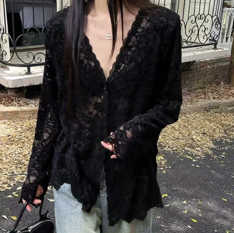 

Long Sleeve Lace Blouses Women Clothing Hollow Out Sexy Tops See Through Fashion Summer White Shirts