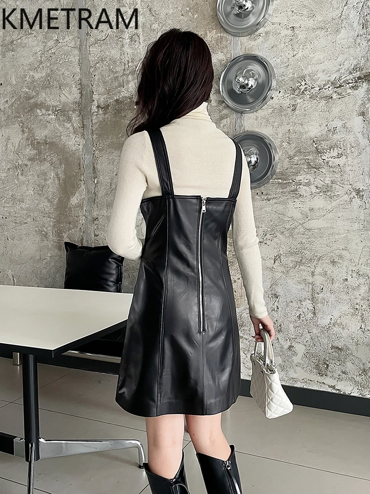 100 % Oberschicht-Schaffell-Kleid für Damen, schwarz, ärmellos, Echtleder-Kleider, neu in Oberbekleidung, Herbstkleidung, 2025, Damen Овibwa