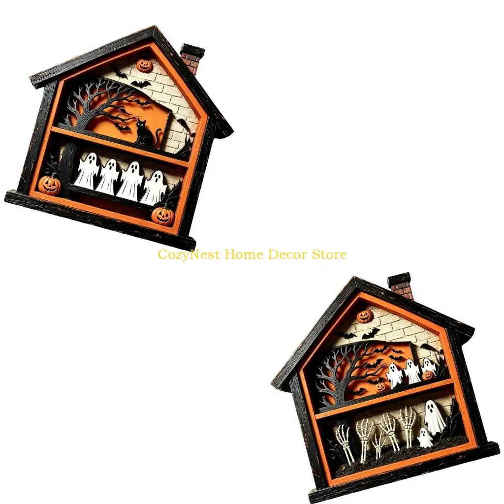 92MF Ghostly Table Signs Halloween Table Centerpieces Tiered Tray Decors Wooden Halloween House Scene Accent for Shelf Use