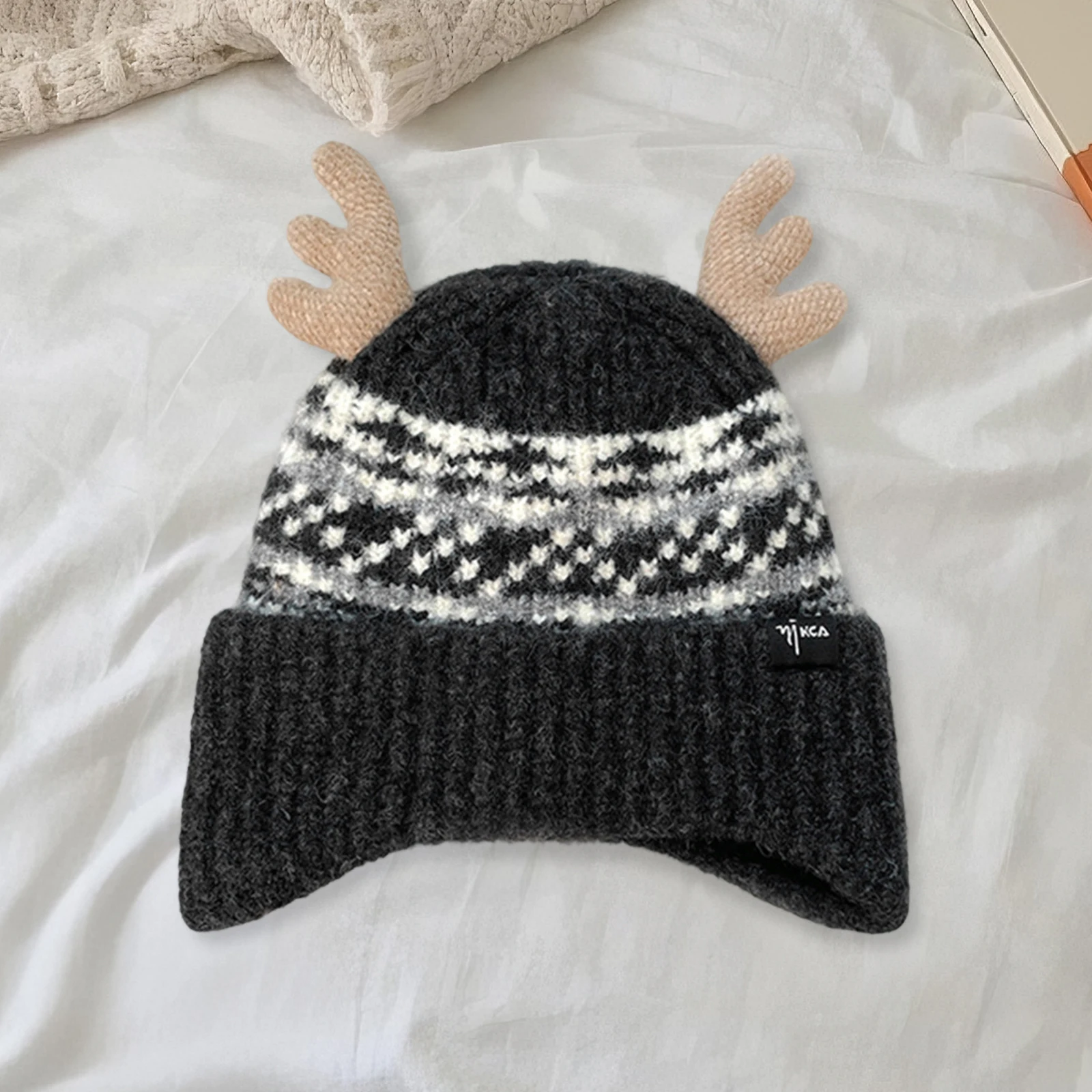 Christmas Beanie with Antlers for Women Winter Warm Knit Hat Soft Stretchy Earflap Hat for Outdoor Activities