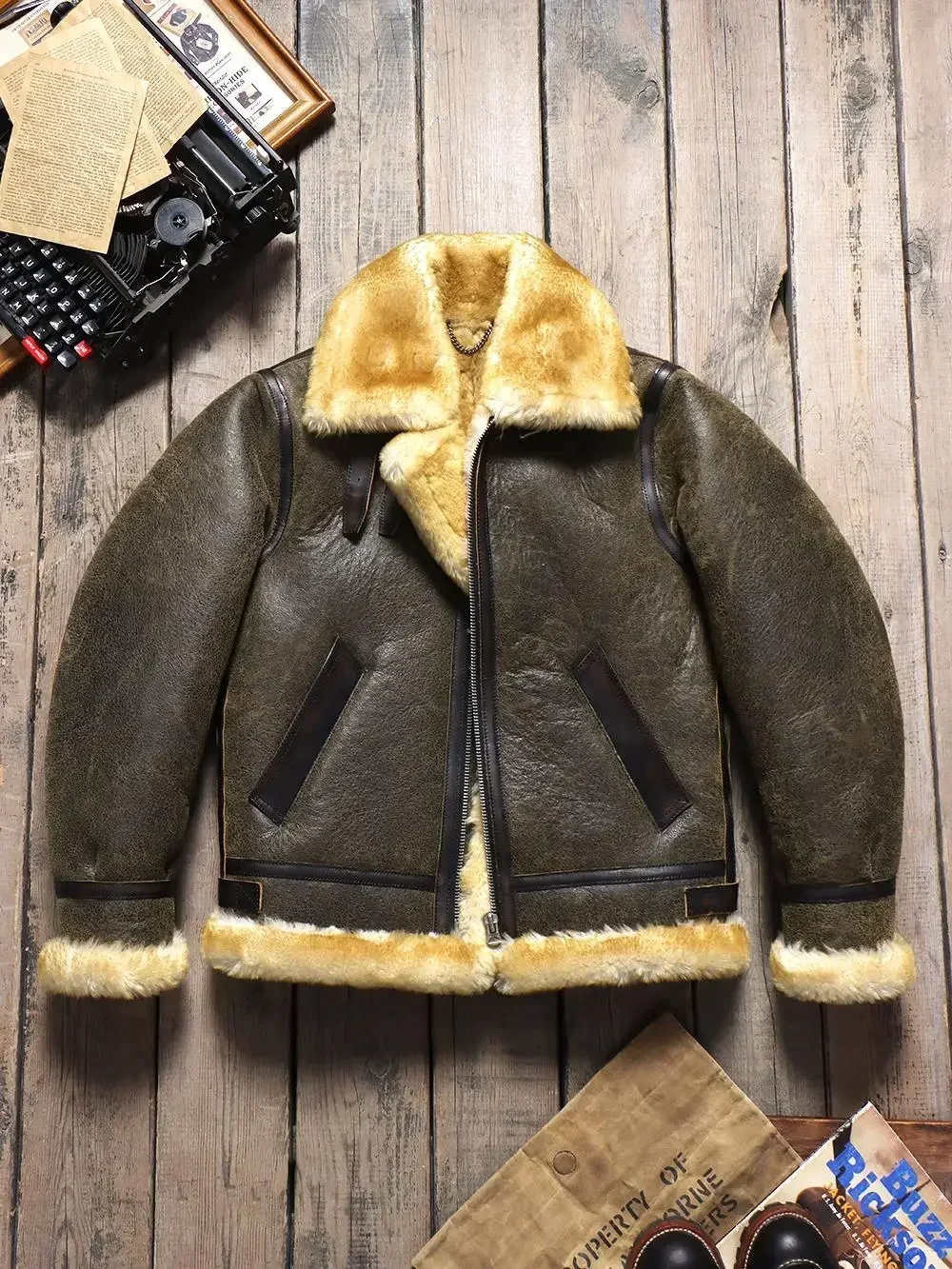 Tailor Brando Original Merino Shearling Classic B3 Pilot Jacket Men's Warm Vintage Genuine Leather Fur Jacket