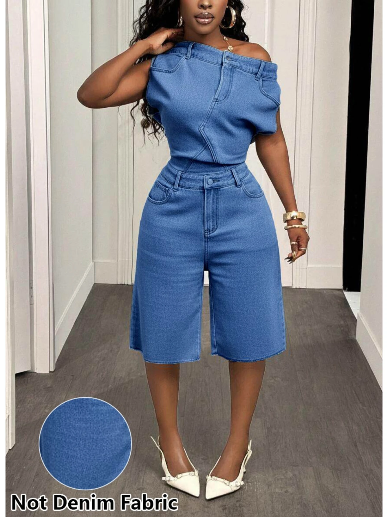 Women's Off Shoulder Sleeveless Top And Knee Length Shorts Elegant Daily Fashion For Female Outdoor Gathering Matching Outfit