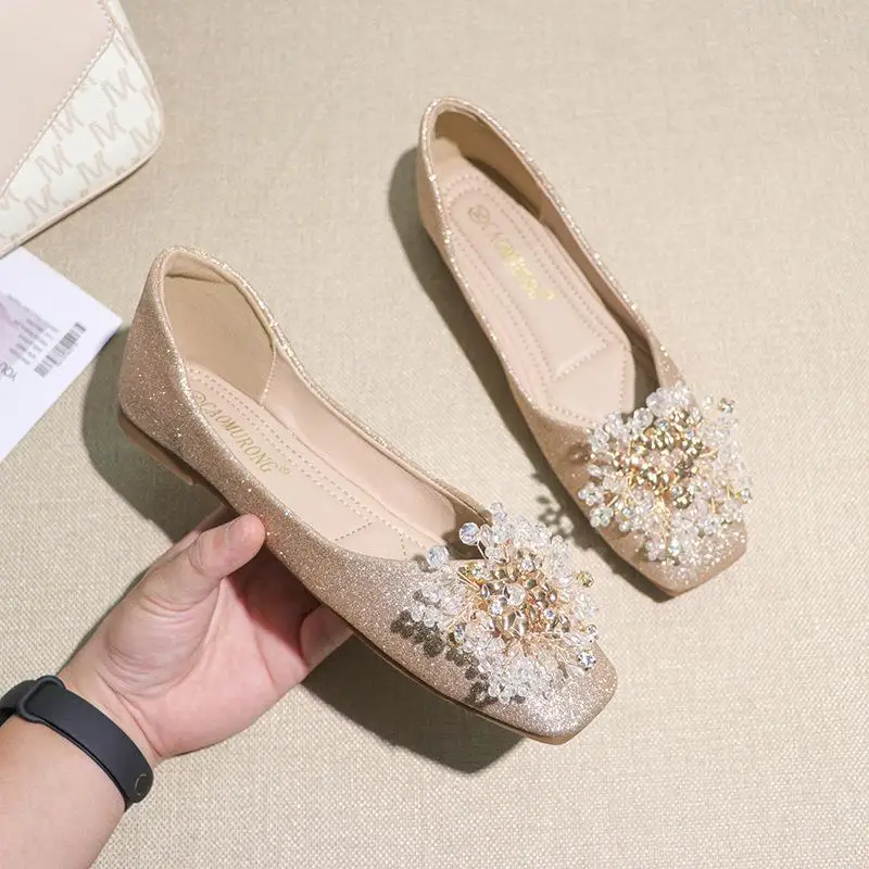 

Flats Wedding Shoes Crystal Embellished Square Head Bride Maternity Show Halcyon Wedding Dress Personality Two-Way Crystal Shoes