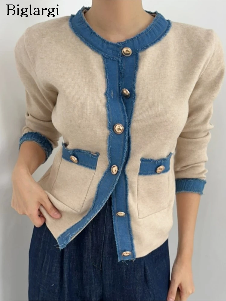 

Вязаный осенне-зимний корейский кардиган, женский джинсовый лоскутный модный женский укороченный кардиган, тонкий повседневный женский свитер, пальто
