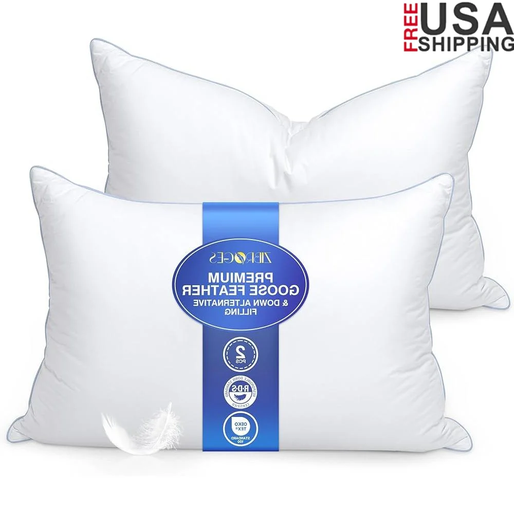 Goose Down Pillow Set of 2 Hotel Quality Sleeping Pillows Soft Support 600 Thread Count Cotton Cover Fluffy Comfort