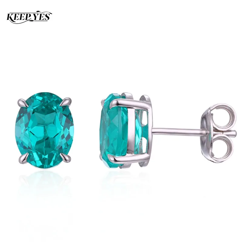 KEEP YES 2.0ct Symthetic Lab Grown Paraiba Stud Earrings for Women Sparkling Simulated Earrings Fine Jewelry 925 Sterling Silver