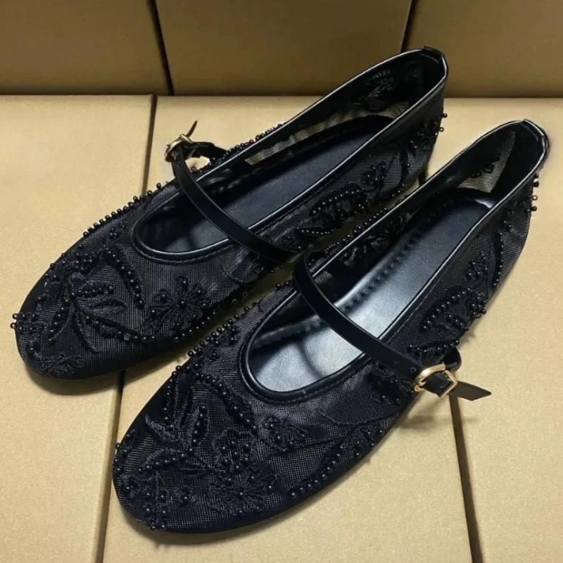 

Mesh Embroidery Flower Ballet Flats Women Comfort Round Toe Breathable Mary Jane Shoes Fashion Brand Designer Shoes for Ladies