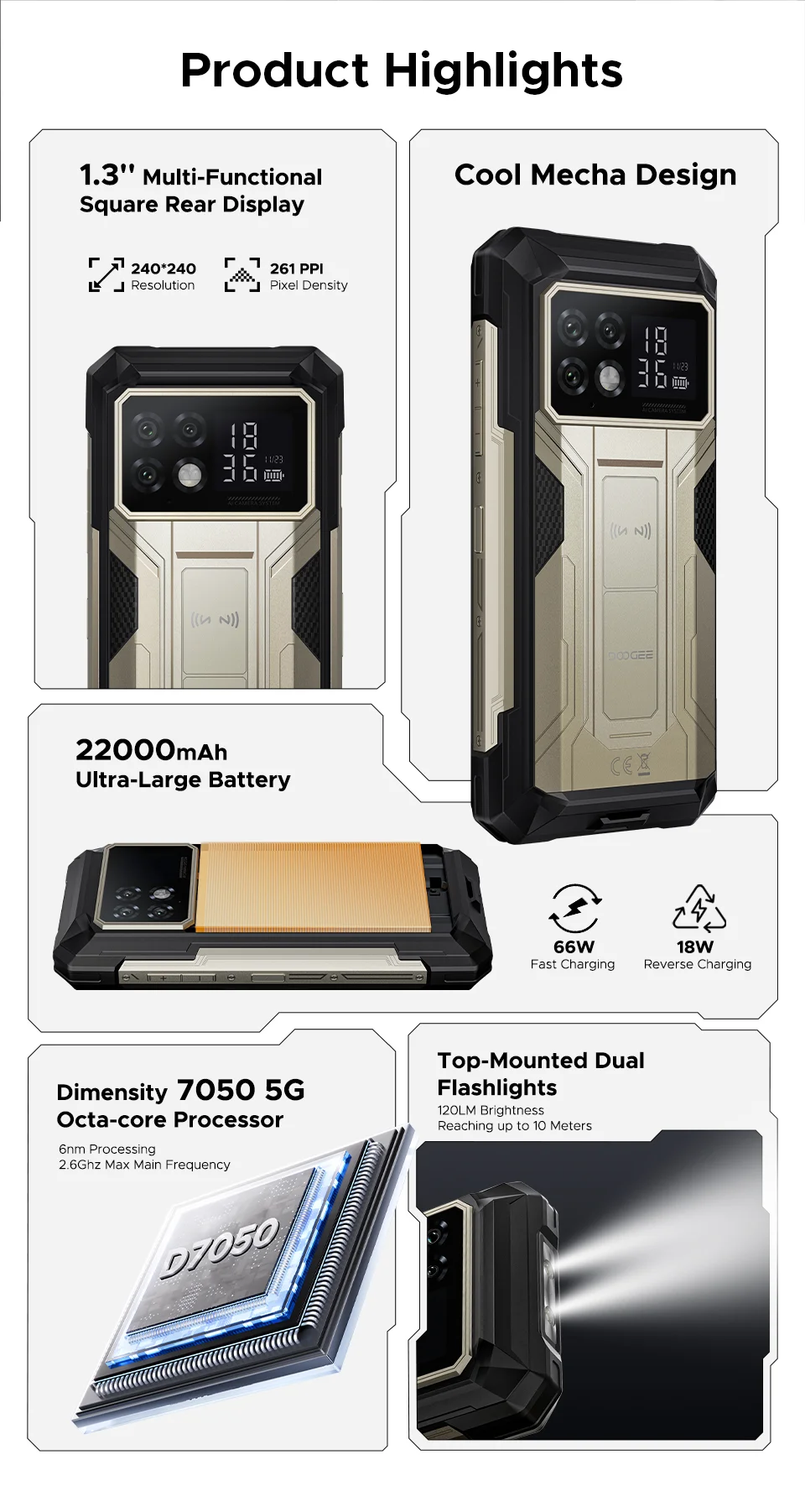 Global Version DOOGEE S200 Max Rugged Phone 16GB 512GB 22000mAh Battery 66W 1.32" Rear Display 6.72” 120Hz Dimensity 7050 NFC