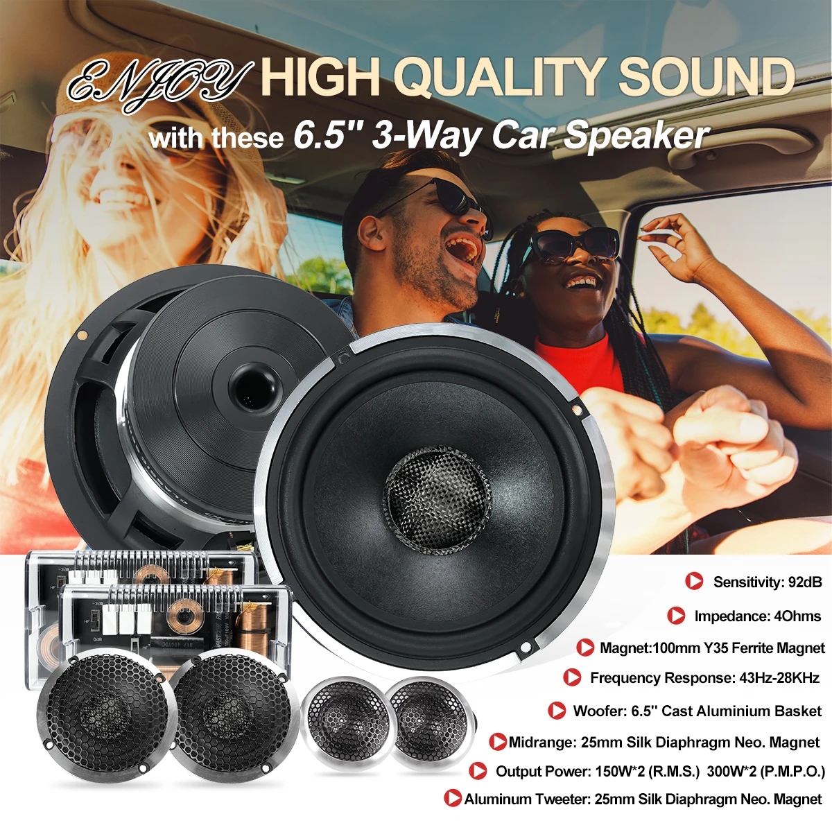 Audio 6.5 inch 3-way car coaxial component speaker power supply built-in treble mid-range bass