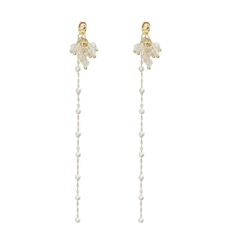 Korean Style Temperament Long Pearl Tassel Clip Earrings Simple Crystal Flowers Ear Clip Earrings Without Piercing Women Female