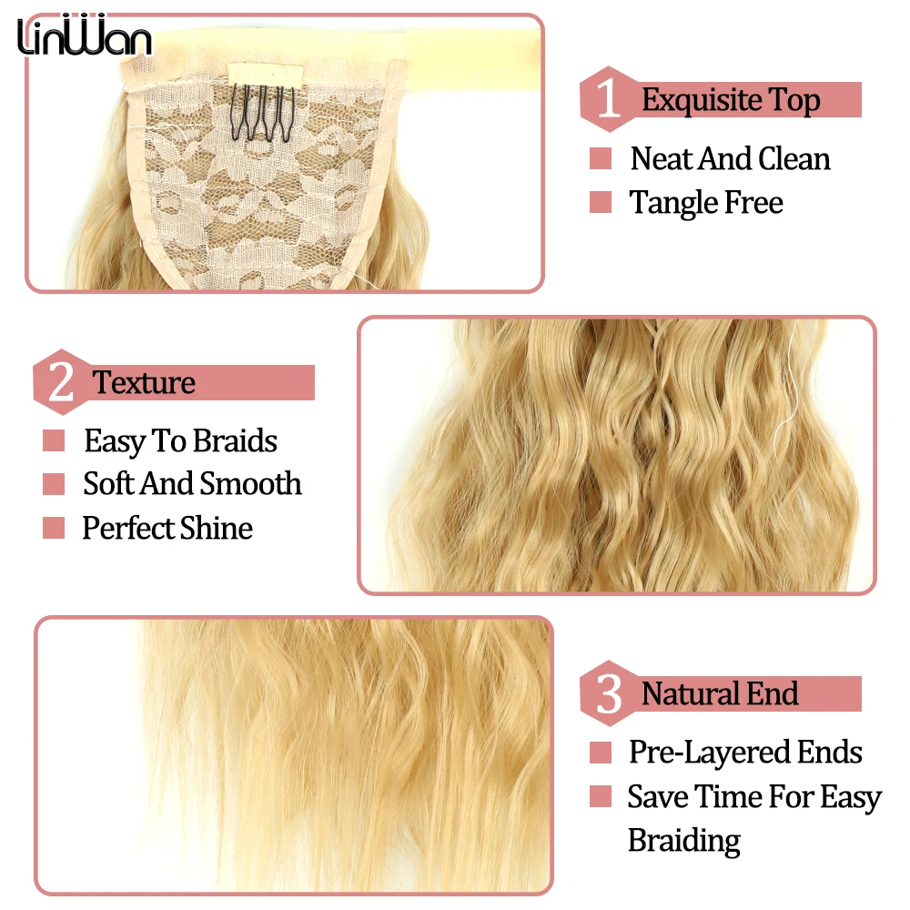 Long Corn Wavy Ponytail Hair Extensions For Women Synthetic Wrap on Clip Hair Extensions Ombre Brown Blonde Pony Tail