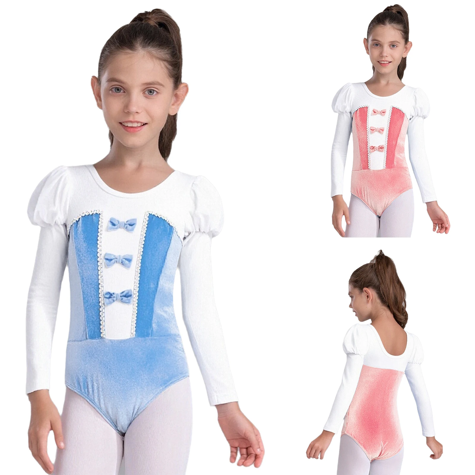أطفال بنات Bowknot الباليه الرقص الجمباز يوتار نفخة طويلة الأكمام المخملية المرقعة ارتداءها راقصة الباليه ازياء Dancewear