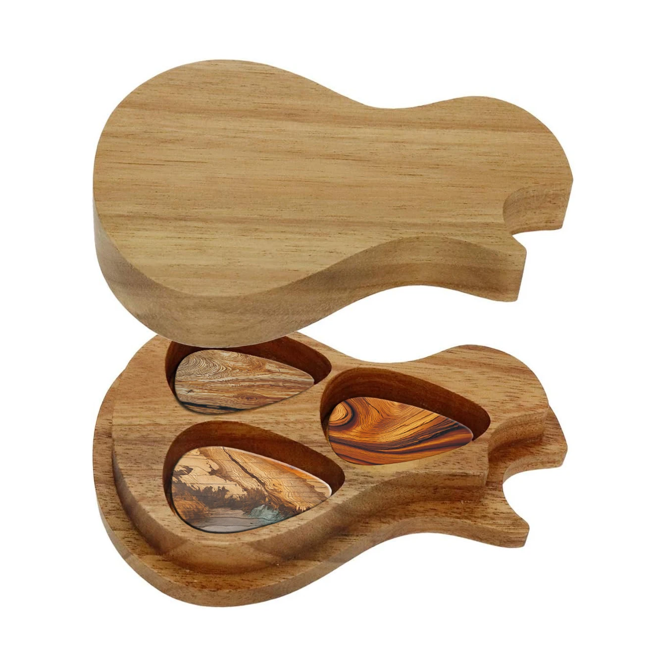 Guitar Picks Wood Storage Box Set - 6 Pcs Double-Sided Printed Wooden Pattern Guitar Picks , Ideal Gift for Guitar Players,